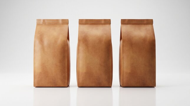 Three blank brown coffee bean bags on a white reflective surface mockup