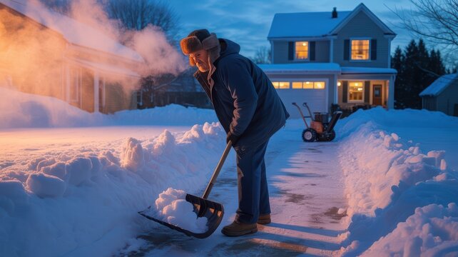 Man Shoveling Snow from Driveway at Dawn
