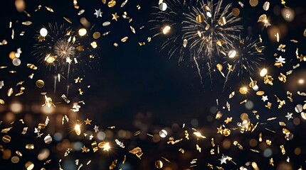 Fototapeta premium Golden and Silver Confetti Falling with Fireworks and Bokeh Lights on Dark Background for Celebration