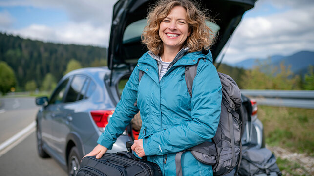 Older woman wearing a bright turquoise raincoat loading a suitcase and backpack into her car at a scenic roadside viewpoint, distant forested mountains and cloudy sky in the background, road trip pr