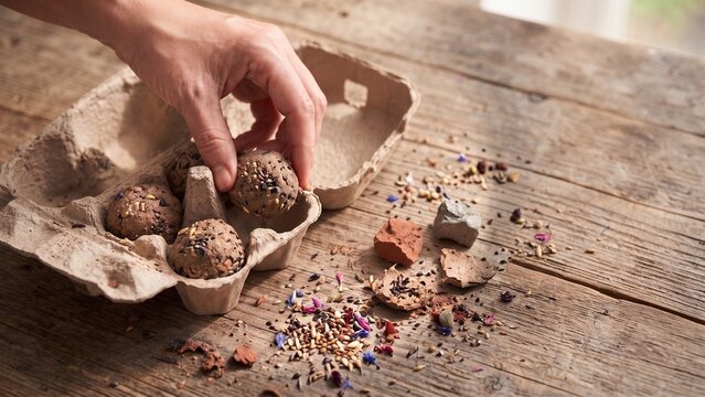 Hands planting seed balls in recycled egg carton, zero waste gardening seedling, sustainable eco friendly urban gardening, organic plant propagation at home