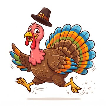 Cartoon turkey running with a pilgrim hat isolated on a white background
