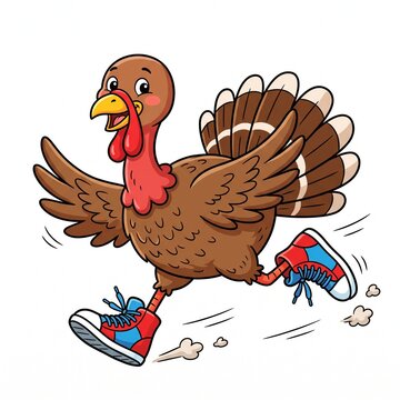 Cartoon turkey running with sneakers on a white background for thanksgiving themes