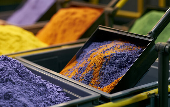 Brightly colored powders scooped into industrial bins. Pigments in purple, orange, yellow, green form distinct heaps. Scene bulk material sorting, processing