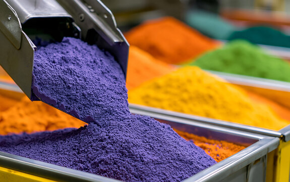 Brightly colored powders scooped into industrial bins. Pigments in purple, orange, yellow, green form distinct heaps. Scene bulk material sorting, processing