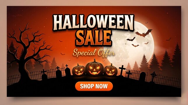 Halloween Sale Special Offer Banner with Jack O Lanterns and Graveyard Silhouette