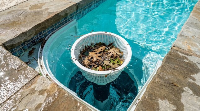 Pool skimmer basket filled with autumn leaves