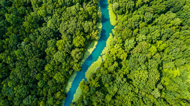 R&iacute;o serpenteante de color azul intenso corta un bosque verde vibrante visto desde arriba. Naturaleza pura y pr&iacute;stina en su m&aacute;xima expresi&oacute;n.