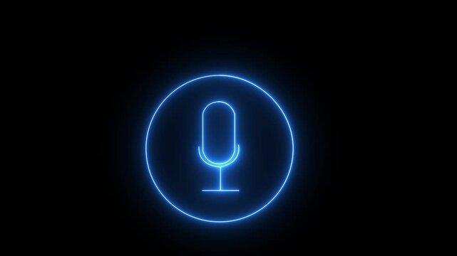 Blue color Neon line microphone icon. Glowing Voice recording podcast mic microphone button icon animation on black background. graphic concept animated ..