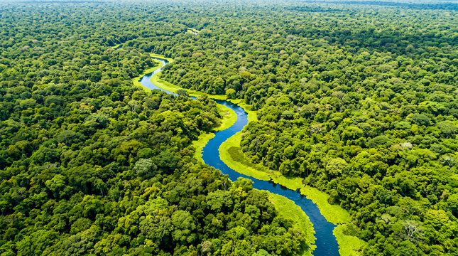R&iacute;o serpenteante de color azul intenso corta un bosque verde vibrante visto desde arriba. Naturaleza pura y pr&iacute;stina en su m&aacute;xima expresi&oacute;n.