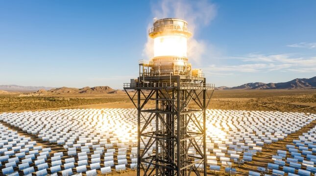 Massive Concentrated Solar Power Tower Generating Renewable Energy in a Desert Landscape with Numerous Heliostats Reflecting Sunlight