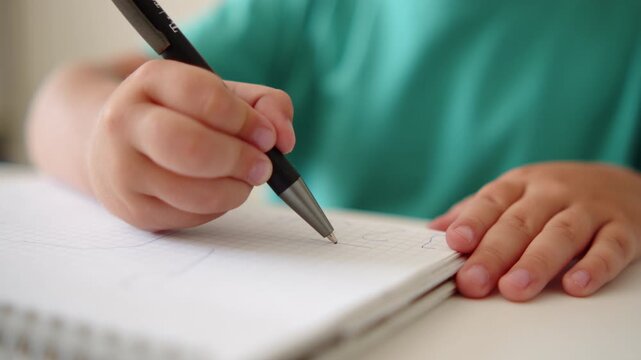 Close up shot of a child's hands holding a pen and writing in a notebook on a white table. Kid trying to learn handwriting. School education.