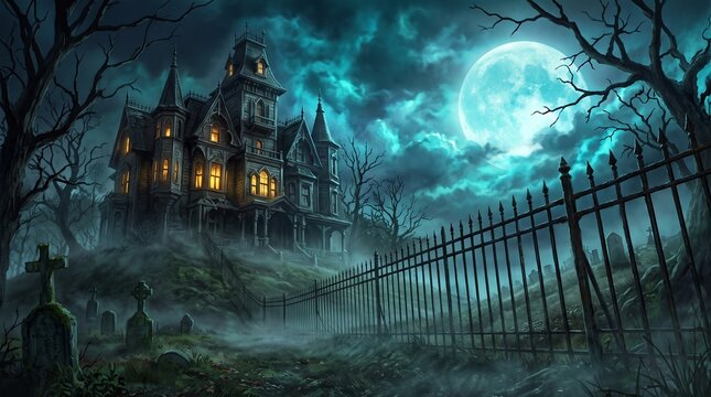 Haunted Victorian mansion glowing under moonlight near a spooky graveyard with gothic architecture and eerie fog drifting through twisted trees