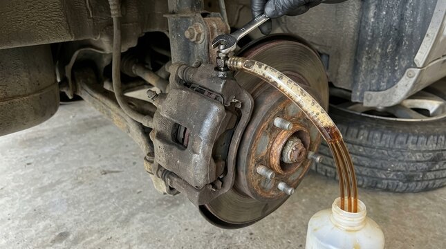 Rusty brake caliper being cleaned with solvent under vehicle