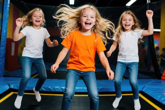 Three happy young girls jumping high on indoor trampoline park. Friends playing active games, laughing, smiling with flying blonde hair. Children enjoying energetic leisure activity, childhood fun in
