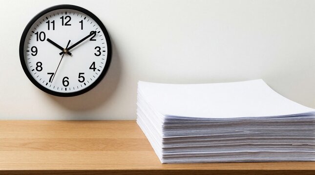 Large wall clock marks passage of time over neat stack of white documents. This composition represents pro workload management and approaching project deadlines in office or academic setting.