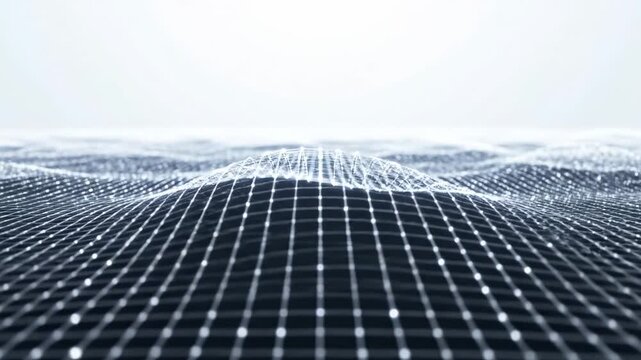 The camera shows waves on a digital grid with small lights creating patterns. This takes place in an abstract environment that feels artificial and