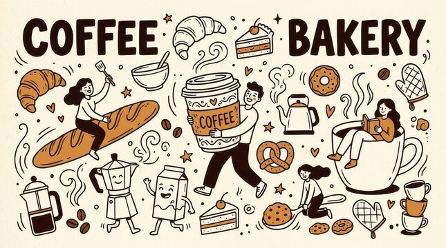 Creative Coffee and Bakery Doodle Art Collection Featuring People, Pastries, and Cafe Elements