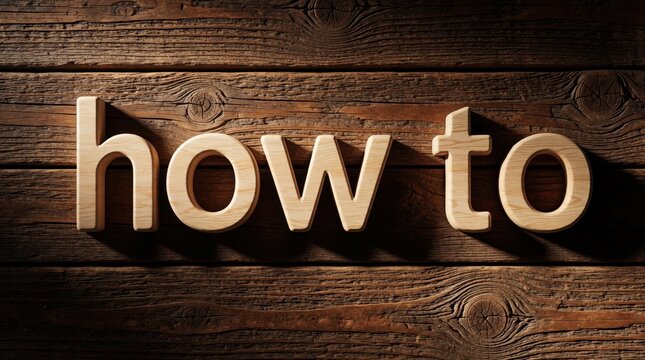 Wooden letters spell out how to on dark rustic timber background. Concept of instruction, guidance, learning process. Text shows way to solve problem master new skill. Educational symbol for