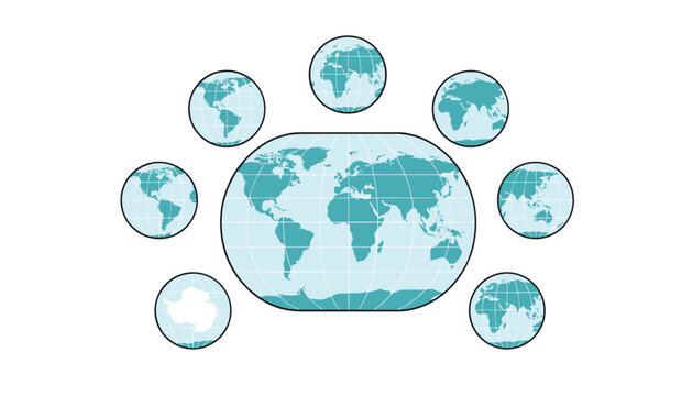 Comprehensive set of world maps showing multiple orthographic globe projections arranged around a central oval map.