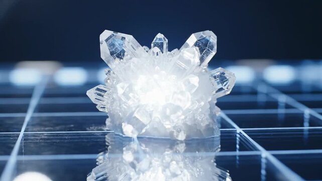 A close view of a crystal formation is shown on a smooth reflective surface. Light creates colorful reflections around the crystals, enhancing their