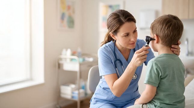 Female doctor examining little boy ear using otoscope