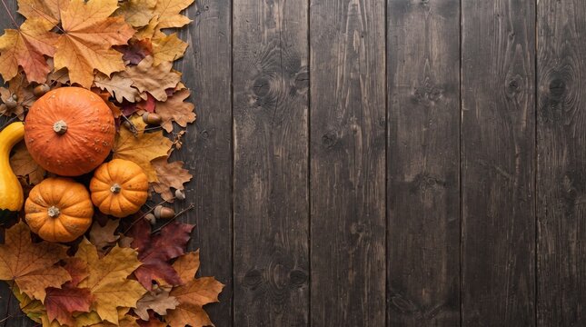 Vibrant orange autumn pumpkins resting alongside colorful falling leaves upon dark rustic wooden surface featuring generous copy space