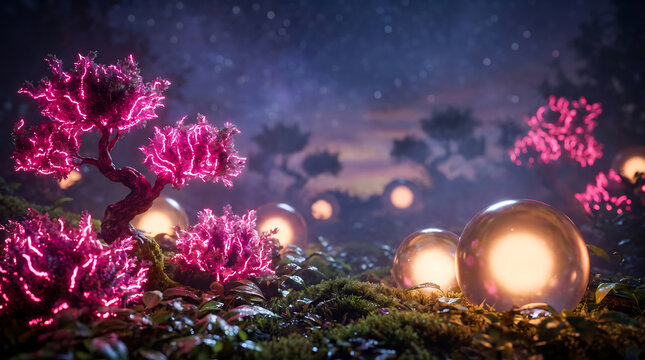 Magical fantasy forest landscape with glowing pink electric trees and luminous glass orbs resting on mossy ground