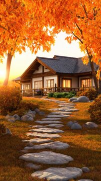 A serene autumn landscape featuring a cozy house framed by vibrant orange trees and a stone path