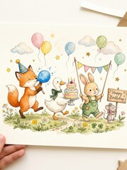 Fototapeta premium Cute Watercolor Animal Birthday Parade Illustration with Fox Rabbit Duck and Mouse Celebrating with Cake and Balloons