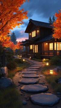 A serene autumn evening scene with a traditional house surrounded by vibrant fall foliage