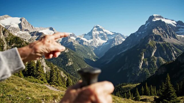 An older person stands on a mountain path, holding a walking stick. The sun shines bright and the peaks tower in the background, showing beautiful