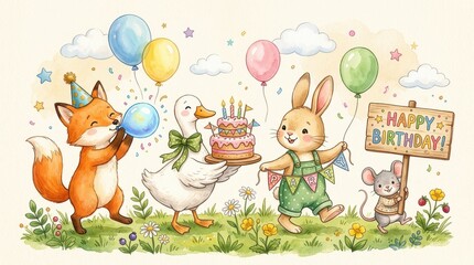Obraz premium Cute Watercolor Animal Birthday Party Illustration with Fox, Goose, Rabbit, and Mouse Celebrating with Cake and Balloons