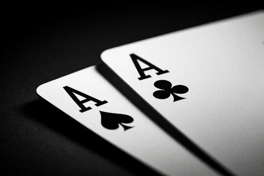 Close up of two ace playing cards on black matte table. Ace of spades, ace of clubs rest on dark surface. Gambling game concept with high contrast lighting. Professional poker deck layout for casino