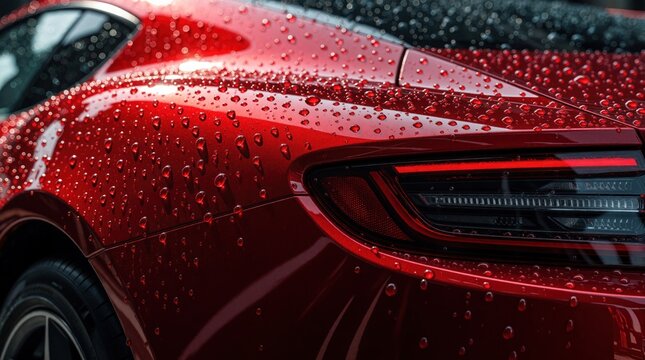Macro shot of red sports car body covered in fresh water droplets. Wet glossy paint texture shows luxury automobile details after rain wash. Shiny automotive surface with liquid moisture beads