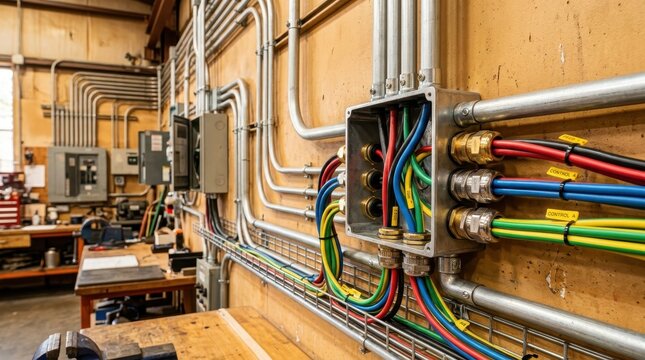 Intricate electrical wiring system with colorful cables routed through metal conduit and junction boxes in an industrial setting.