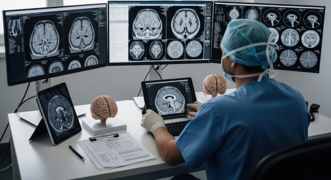 Faceless neurosurgeon analyzing brain scans on multiple screens and tablet with brain models present