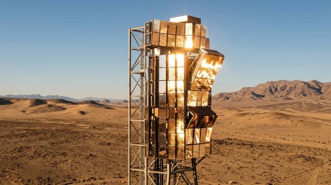 Modern Concentrated Solar Power Tower Reflecting Sunlight in Arid Desert Landscape