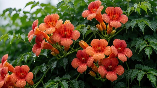 Orange trumpet vine flowers bloom in rain with water drops on petals. Green leaves background. Summer garden nature scene. Campsis radicans plant closeup.