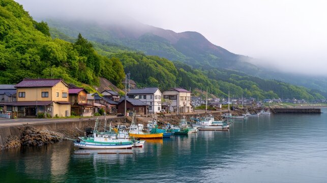 A serene harbor view showcasing colorful fishing boats and lush green hills under misty skies
