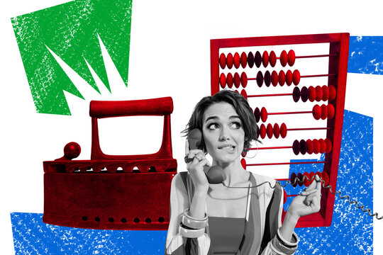 Exclusive art banner collage of minded girl dispatcher worker hold telephone handset abacus count retro iron call center network