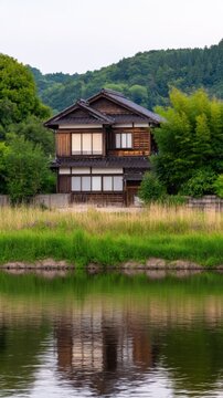 A serene wooden house surrounded by lush greenery and a reflective body of water at dusk