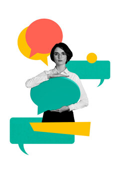 Vertical photo collage artwork minimal picture of serious lady holding mind bubble empty space isolated creative background