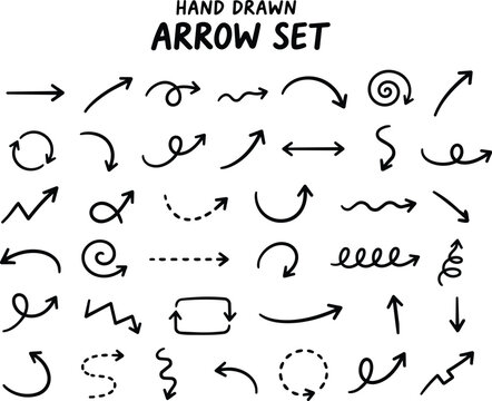 Hand drawn arrows. Set simple arrows isolated. Arrow set mark icons.