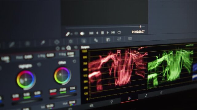 Filmmaker colorgrading video material in an editing program. Color correction in video post production.  Editor working with content. Color grading with parades tool. 
