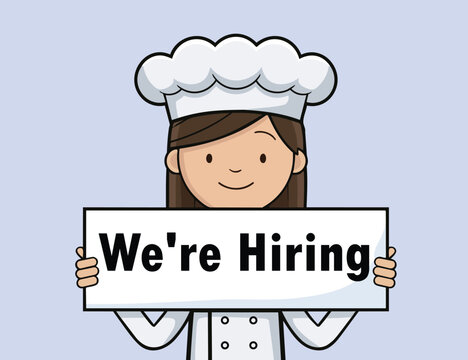 Cute cartoon smiling female chef in white toque and uniform holding a horizontal, We re Hiring announcement board on a sage purple background for job vacancy..