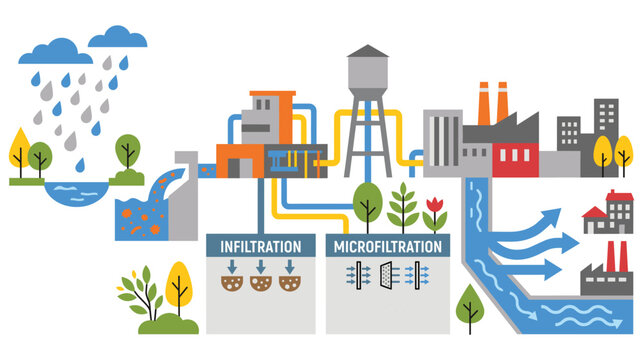Industrial water treatment and filtration system process flow chart vector illustration.