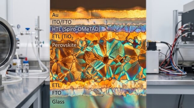 Microscopic cross-section of a perovskite solar cell showcasing colorful crystalline layers and material composition