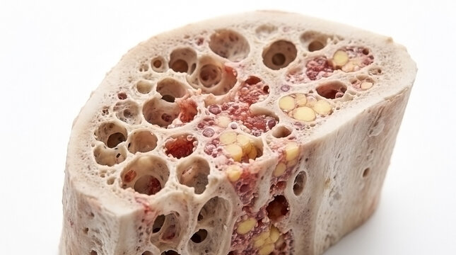 Cross section of human bone showing internal porous structure and marrow tissue with skeletal system anatomy study medical illus