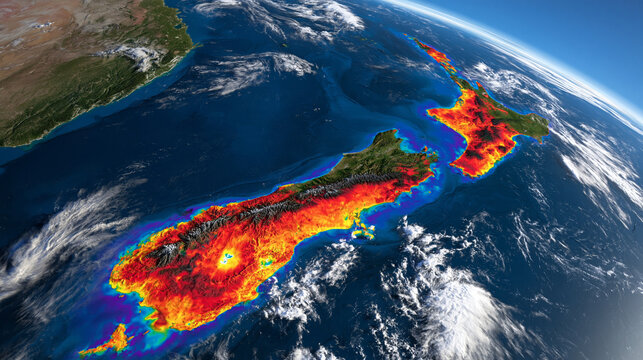 Satellite thermal map of the Arctic region showing temperature variations across Greenland, northern Canada, Scandinavia and Siberia, realistic ice sheets and polar geography, climate change monitor